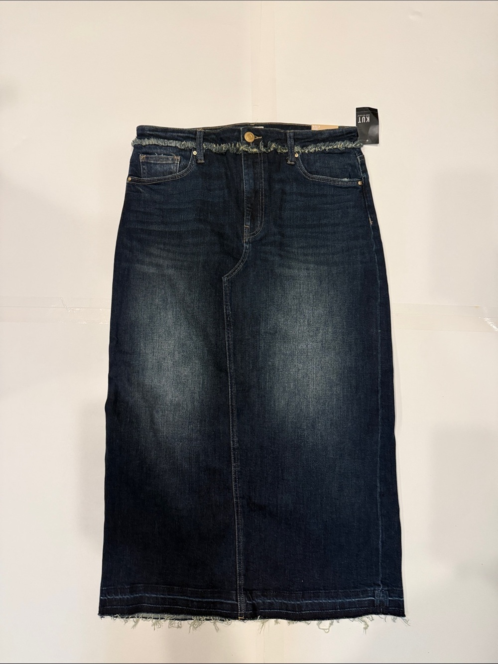NWT KUT From The Kloth Kelly Denim Maxi Skirt Size 10 Raw Fringe Back High Slit - Picture 2 of 11